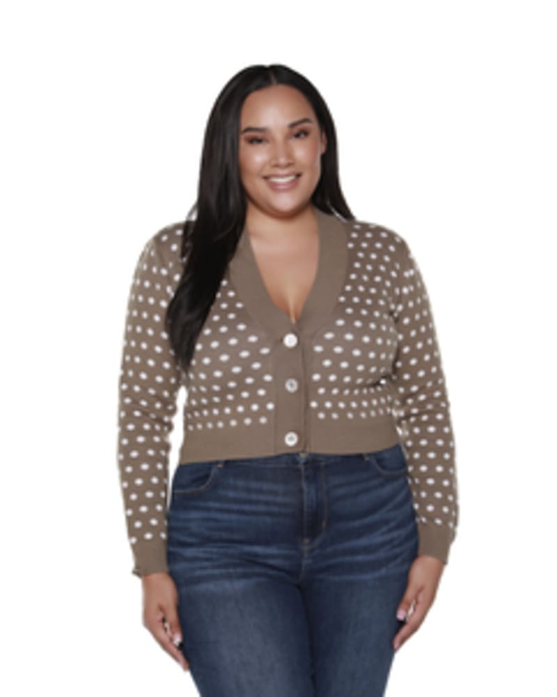 Front of a model wearing a size 1X Alaina Button Up Cardigan in Covert Green by Belldini Black Label. | dia_product_style_image_id:247549